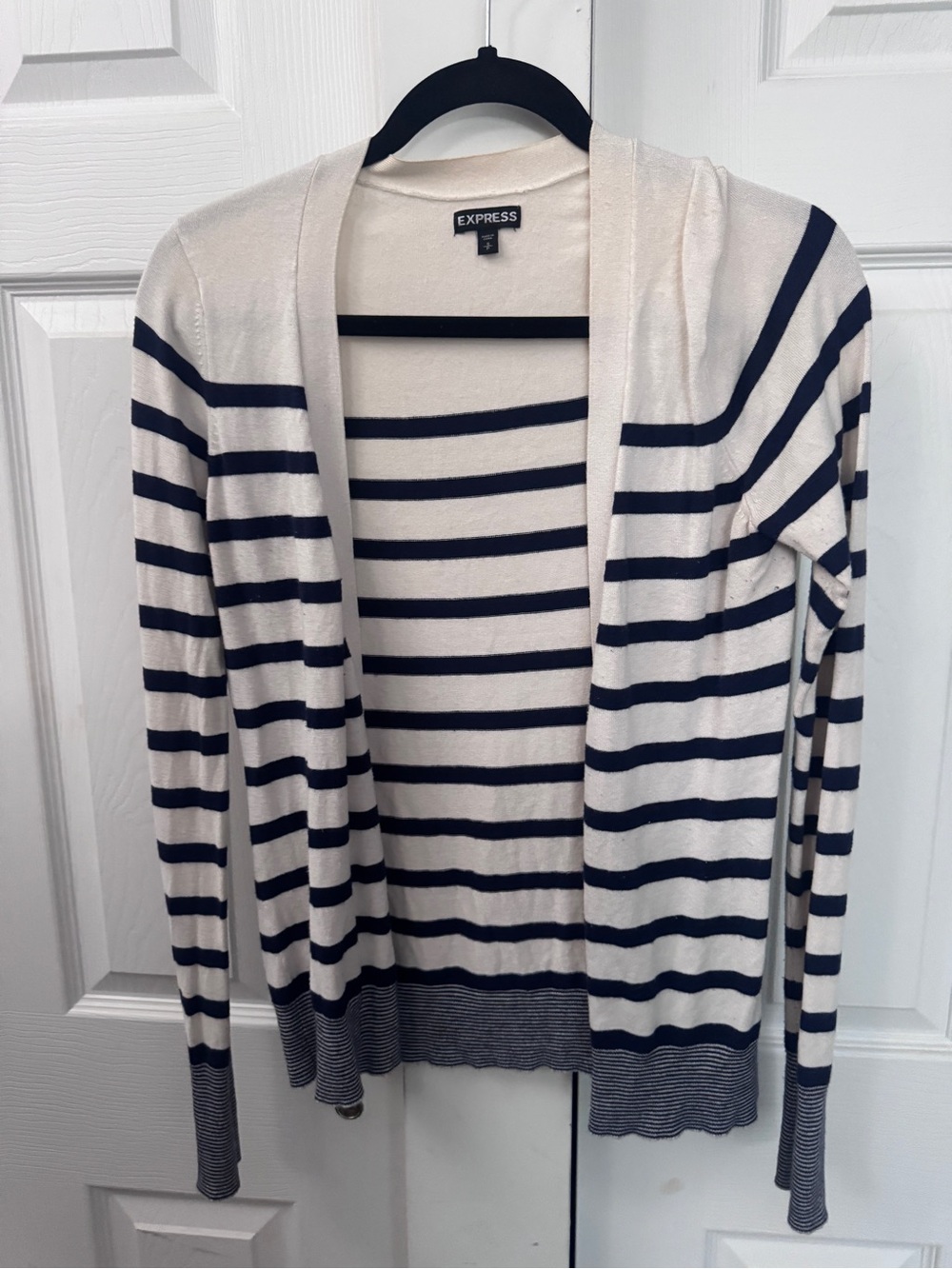 Express Women's Cream and Navy Striped Nautical Open Cardigan size small